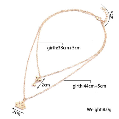 Double Layer Fashion Hollow Crown Key Long Chain Necklaces & Pendants