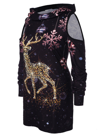 Cold Shoulder Elk Snowflake Christmas T-Shirt Casual Long Sleeves Hooded Women Clothing