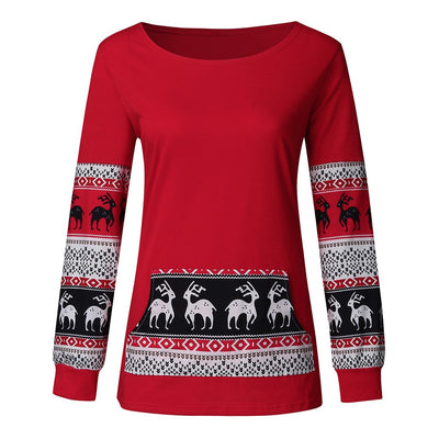 Woman shirt Top Christmas Red Splice Festival Sweatshirt Pocket Pullover Tops Blouse
