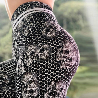 Honeycomb skull printed leggings breathable Slim running fitness pants women fashion high waist sweat sexy hip leggings
