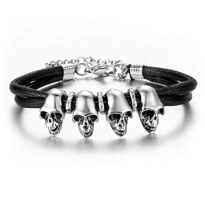 Skull Leather Bracelet for Men Boys Stainless Steel Double