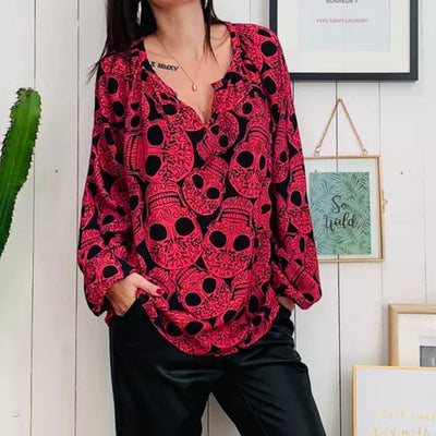 Women's Skull Print V-neck Long-Sleeved Shirt Blouse woman Partial Large size blouses blusas mujer de moda women shirts