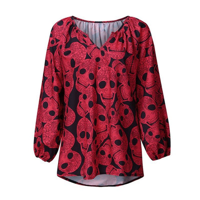 Women's Skull Print V-neck Long-Sleeved Shirt Blouse woman Partial Large size blouses blusas mujer de moda women shirts