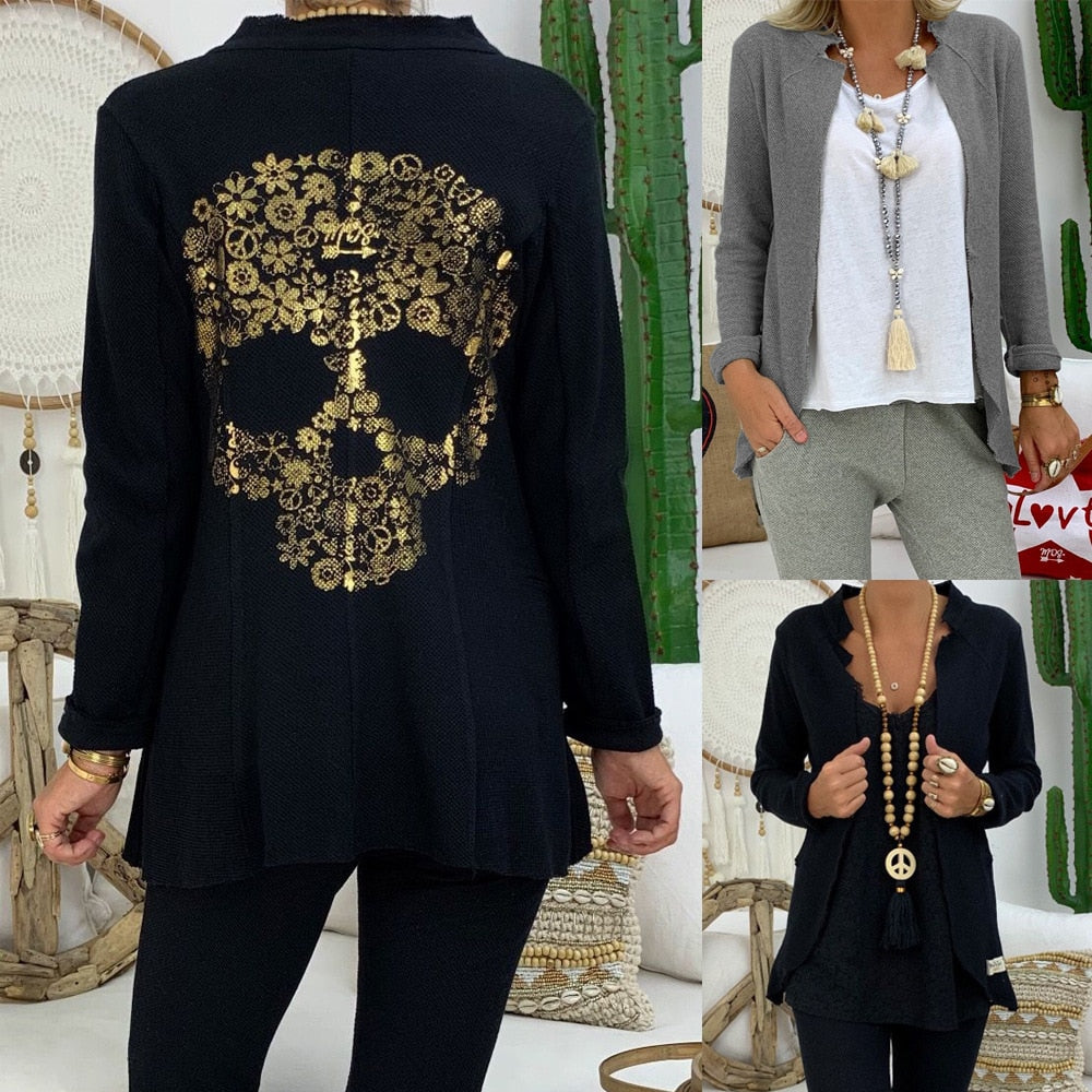 New Women Stand Collar Long Sleeve Casual Jackets Back Skull Printed Slim