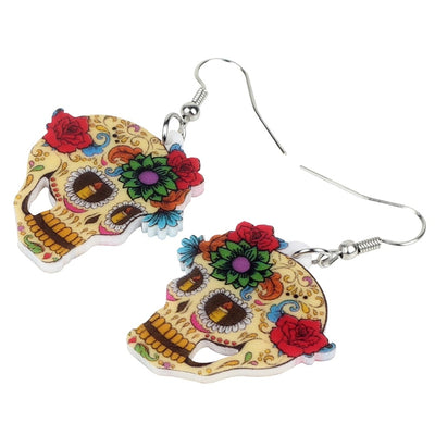 Statement Acrylic Classic Halloween Floral Skull Earrings