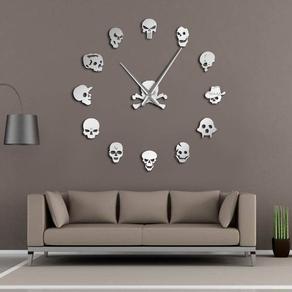 Different Skull Heads DIY Horror Wall Art Giant Wall Clock Big Needle Frameless Zombie