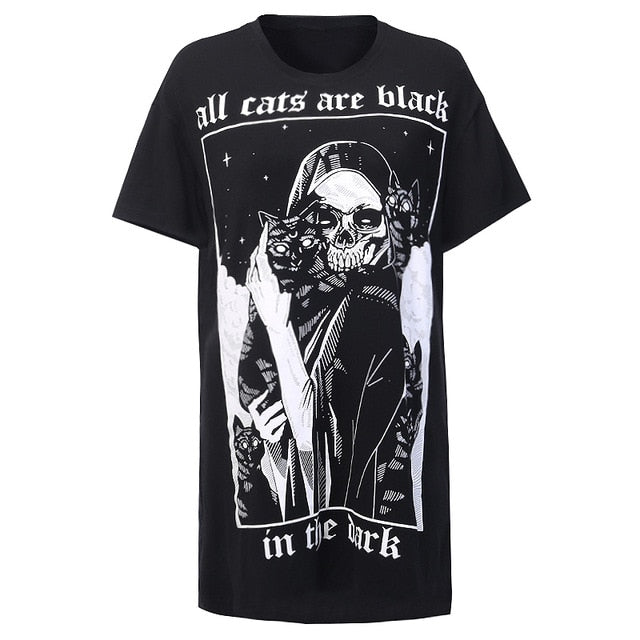 Black T-shirts Skull Party Long Tops
