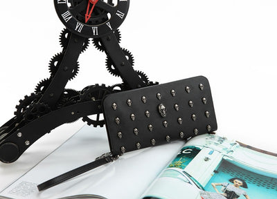 Unisex leather bag skull purse Clutch Bags Rivets Leather Purse Zipper