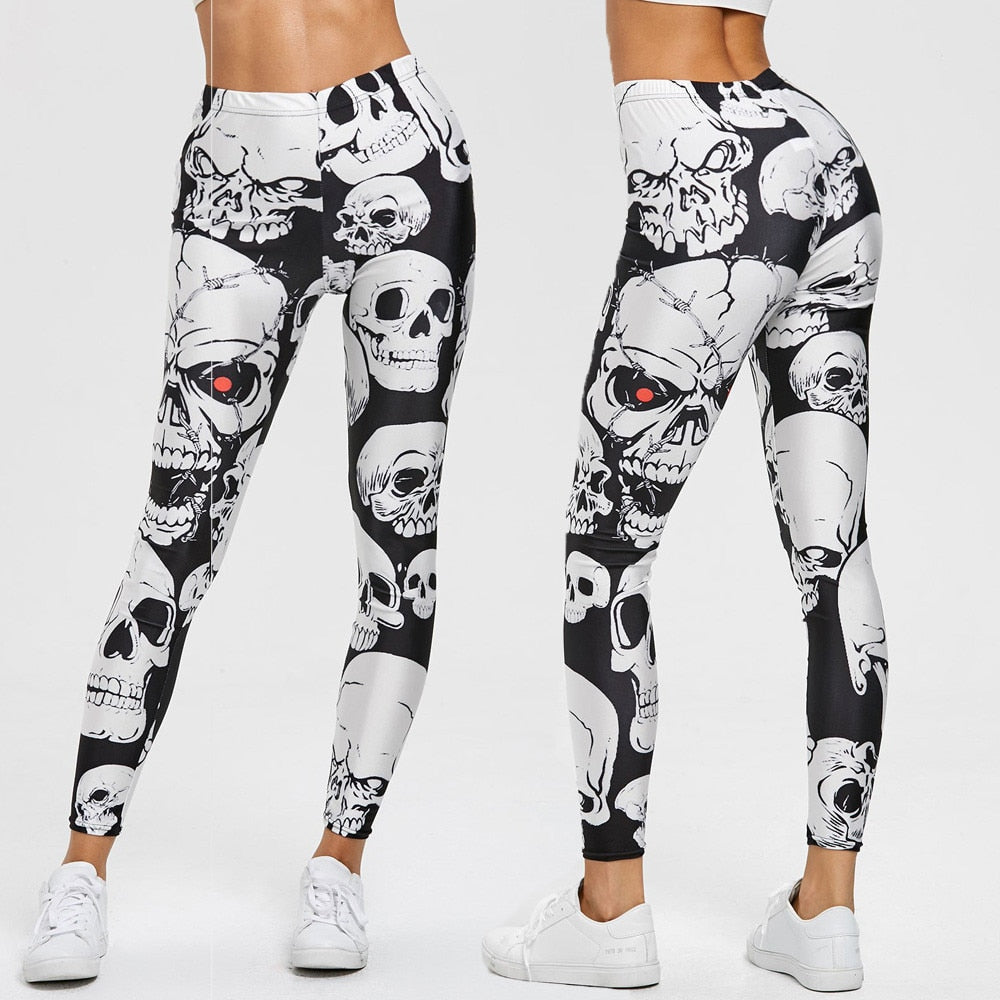 Women Skull Print Sports Leggings Workout Gym Pants Stretch Trouser High Elastic Skinny Pants Stretchy Trousers