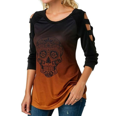 Women Skull Print O-neck Hollow Sleeve Tops Female Cute T-Shirt Loose Ladies Casual Tee Shirt