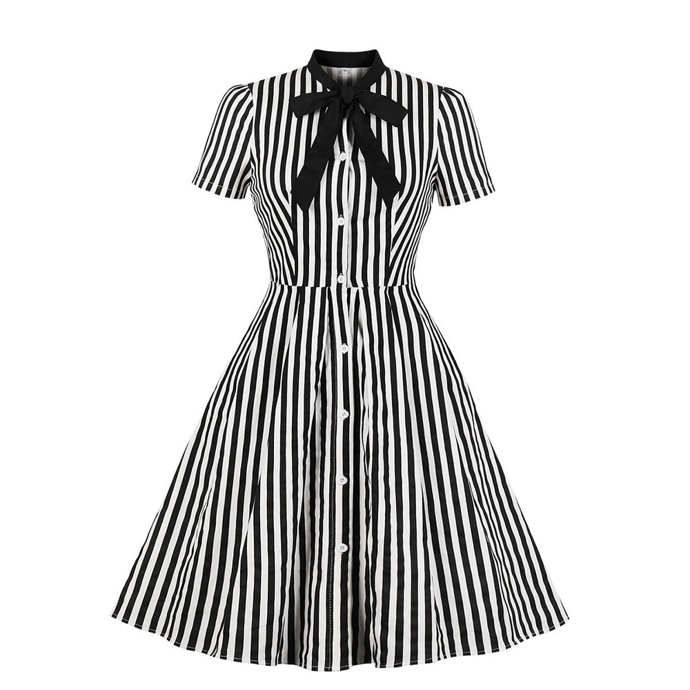 Stripe Midi Dress Women Bow Tie Collar Short Sleeve Elegant
