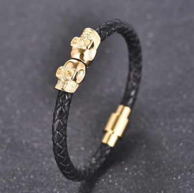 Cool Skull Black Braided Men Stainless Steel Leahter Bracelets