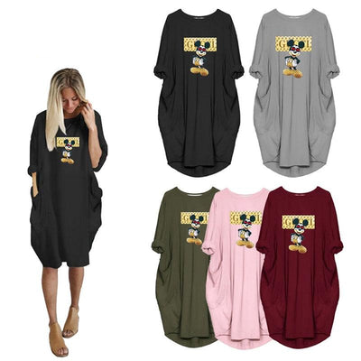 Dress Women Cartoon Pattern Casual Letter O-Neck Dresses