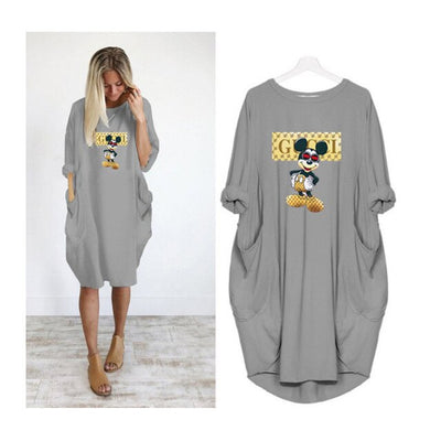 Dress Women Cartoon Pattern Casual Letter O-Neck Dresses