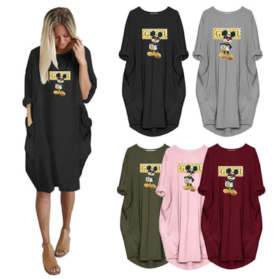 Dress Women Cartoon Pattern Casual Letter O-Neck Dresses