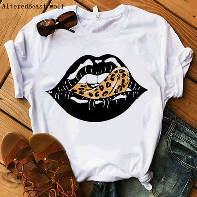 Shut the Fuck up Leopard Lips T Shirt Women 2020 Summer Short Sleeve Cheetah Tongue Lips T-shirt White Tee Shirt Harajuku Tops