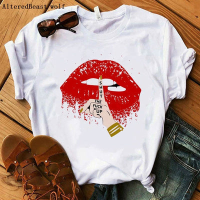 Shut the Fuck up Leopard Lips T Shirt Women 2020 Summer Short Sleeve Cheetah Tongue Lips T-shirt White Tee Shirt Harajuku Tops
