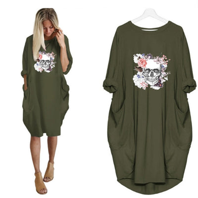 Floral skull DRESS WOMEN POCKET WOMEN PUNK COTTON OFF SHOULDER TOPS