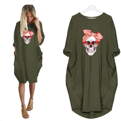 Bow skull DRESS WOMEN POCKET WOMEN PUNK COTTON OFF SHOULDER TOPS