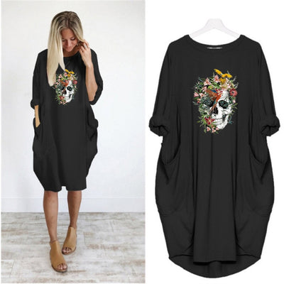 Skull DRESS WOMEN POCKET WOMEN PUNK COTTON OFF SHOULDER TOPS