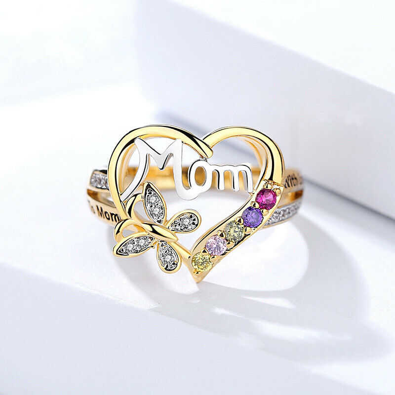 New Butterfly Heart Shaped Mom Ring Mother's Day Gifts Jewelry Multicolor Ring