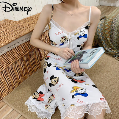 Disney Mickey Mouse Donald Duck nightdress fresh with chest pad bra sexy sling pajamas thin milk silk home service