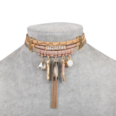 Bohemia Brown Leather Chain Tassel  Choker Necklace Women