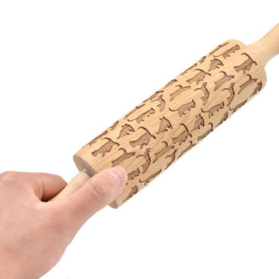 Cat Pattern Wooden Rolling Pin Laser Embossing Baking Cookies Noodle Biscuit