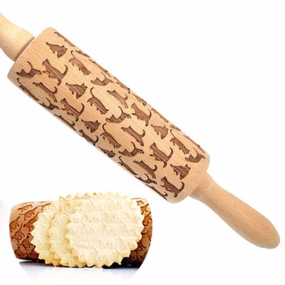 Cat Pattern Wooden Rolling Pin Laser Embossing Baking Cookies Noodle Biscuit