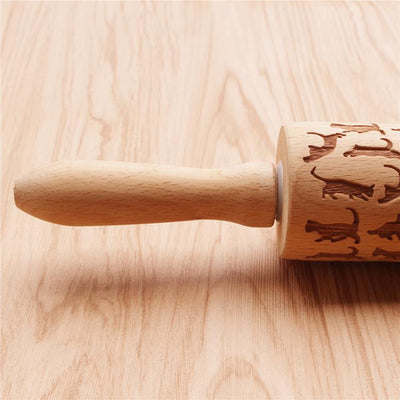 Cat Pattern Wooden Rolling Pin Laser Embossing Baking Cookies Noodle Biscuit