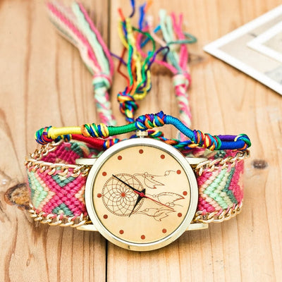 Vintage Women Ethnic Handmade Braided Quartz Watch Knitted Dreamcatcher Wristwatch