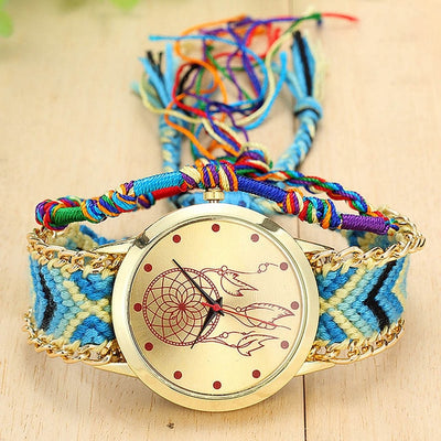 Vintage Women Ethnic Handmade Braided Quartz Watch Knitted Dreamcatcher Wristwatch