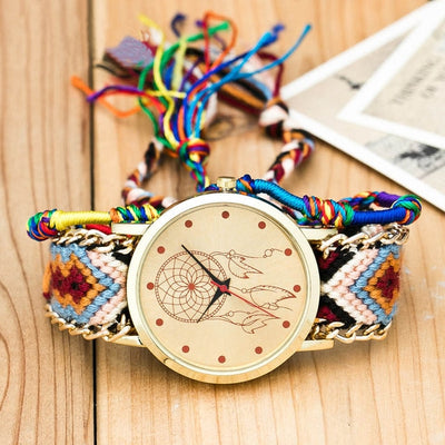 Vintage Women Ethnic Handmade Braided Quartz Watch Knitted Dreamcatcher Wristwatch