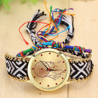 Vintage Women Ethnic Handmade Braided Quartz Watch Knitted Dreamcatcher Wristwatch