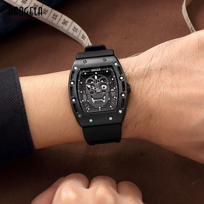 Black Silicone Strap Army Skull Rectangle Dial Face with Stars Quartz Watches