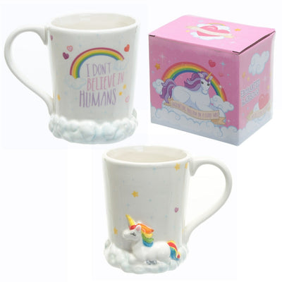 Mug 3D Ceramic Coffee Ceramic Cup with Rainbow and White clouds "I Don't Believe Humans"