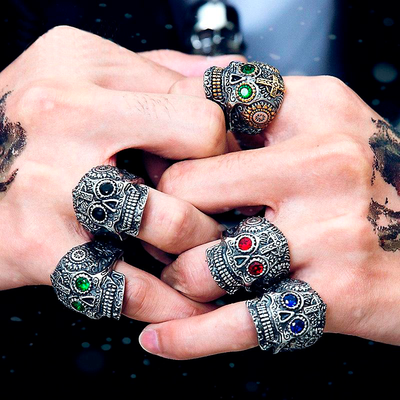 Beier 316L Stainless steel Colorful geen eyes Gothic gold Carving kapala Skull Ring Biker Hiphop rock Jewelry For man LR327