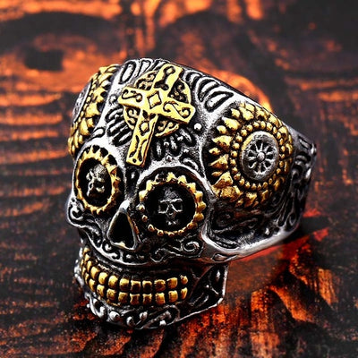 Beier 316L Stainless steel Colorful geen eyes Gothic gold Carving kapala Skull Ring Biker Hiphop rock Jewelry For man LR327