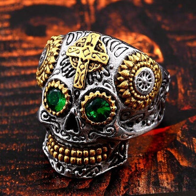 Beier 316L Stainless steel Colorful geen eyes Gothic gold Carving kapala Skull Ring Biker Hiphop rock Jewelry For man LR327