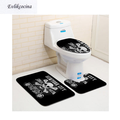 3Pcs Skull Pirate Bathroom Carpet U Toilet Bath Mat Set Non Slip