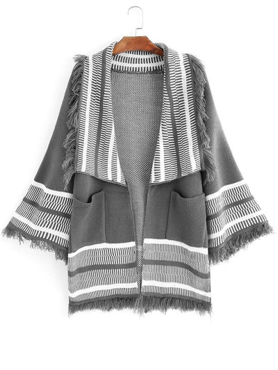 Winter Women Clothing Fashion Tassel Knitted Cardigans Stripped Coats Women