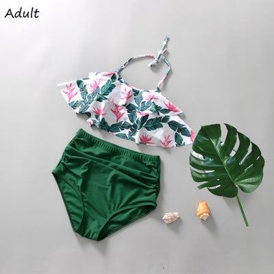 Mom and Daughter Matching Swimwear Summer Ruffled Leaf Print Bikini Set Family Look Swimsuit Mother Daughter