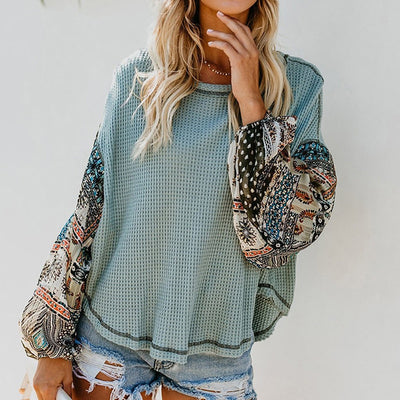 Long Sleeve Bohemian Hippie Boho Knit Patchwork Blouse Casual O Neck Ladies Loose Tops