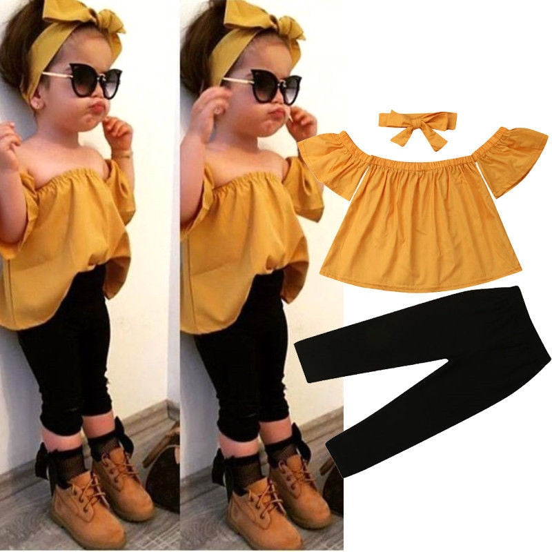 Toddler Baby Girls clothes Off Shoulder pullover short sleeve Tops solid Pants Bow Headband 3pc kids cotton lovely Outfits