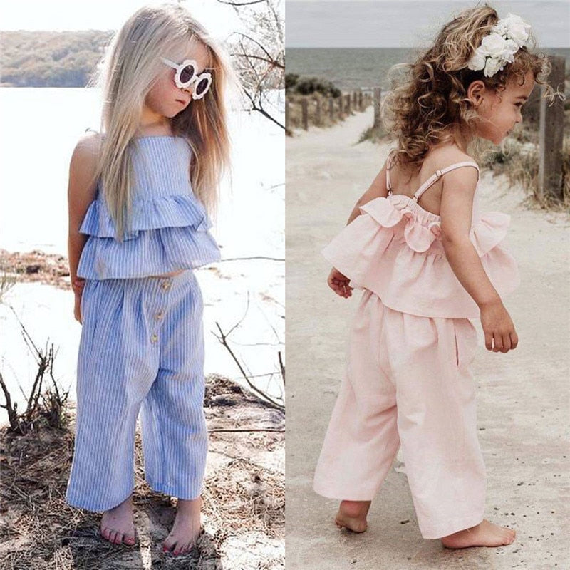 Outfits Summer Clothes Sleeveless Strap Ruffle Vest Tops Wide Led Pants Headband