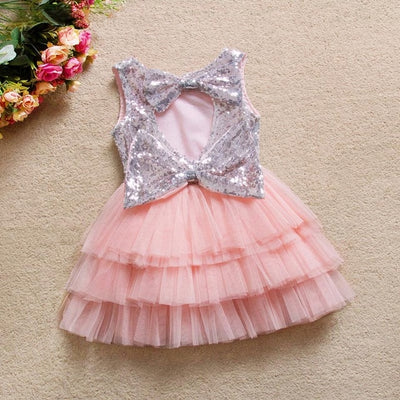 Summer Brand  Bow Sequin Dress Girls' Princess Layered Cake Dresses Baby Girls Clothes