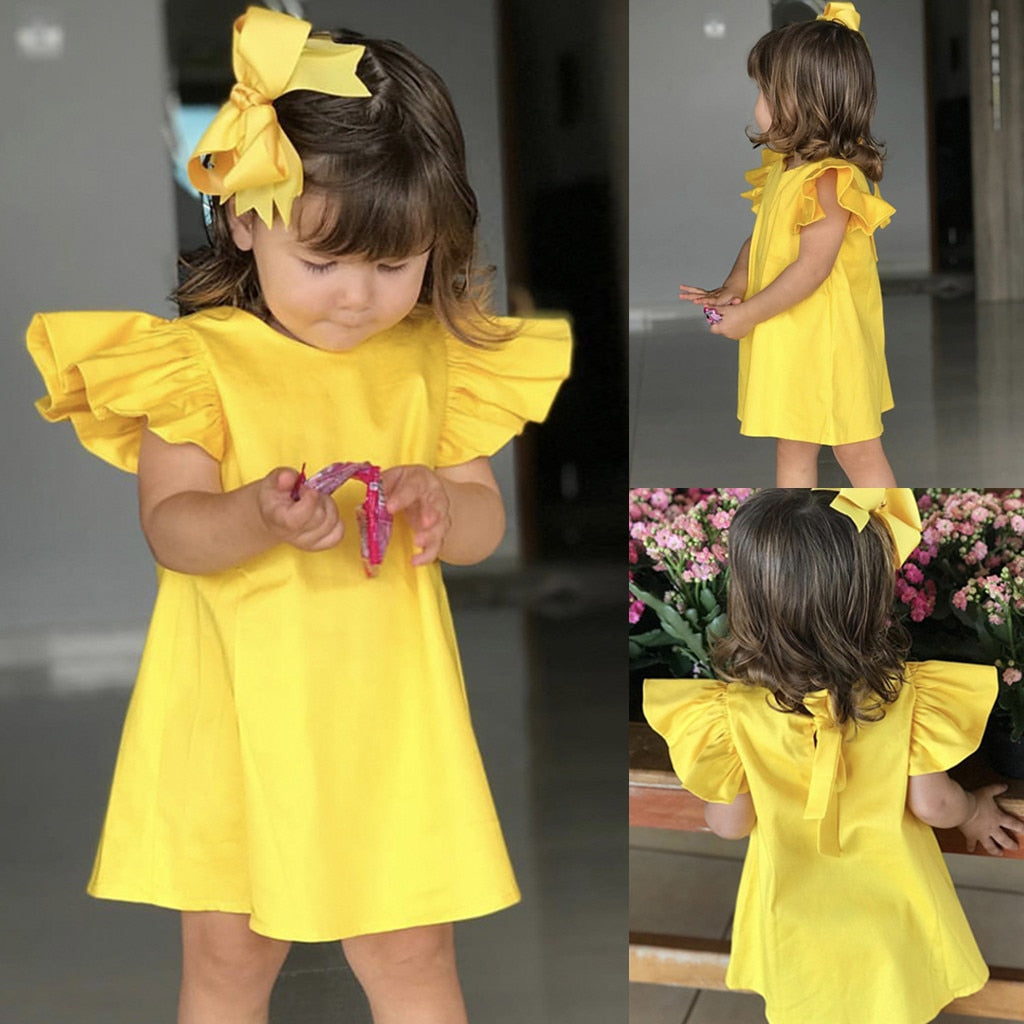 Girls Dresses Children's Clothing Dress Summer Infant Baby Girls Fly Sleeve Solid Bow Dress Clothes Dresses