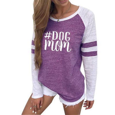DOG MOM  Long Sleeve Stitching  Tops T-Shirt for Women