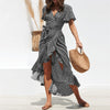 Boho Maxi Dress Women Floral  Long Chiffon Dress Ruffles Wrap Casual V-Neck Split Summer Beach