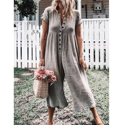 Jumpsuit  Loose Short Sleeve Romper Long Trousers  Button Down Overalls Pants